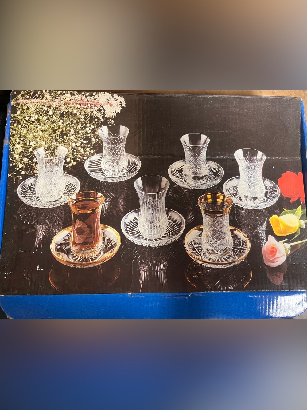 Turkish Tea Crystal Glasses 12 Piece with Saucers - Clear and Gold in a Box